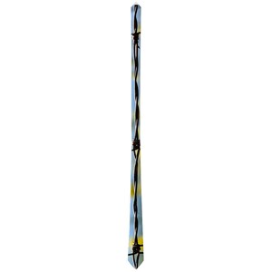 May include: A blue and yellow tie with a barbed wire design.