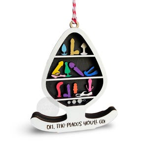 May include: A white wooden ornament shaped like a stylized teardrop, featuring shelves with colorful, miniature sex toys. The ornament has a black interior and the phrase "Oh, the places you'll go!" is written on the bottom.