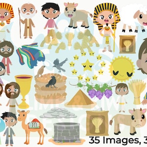 May include: A set of 35 colorful cartoon images depicting biblical stories. The images include people, animals, objects, and symbols related to the Bible. The images are in a cartoon style and are perfect for use in children's books, educational materials, or religious crafts.