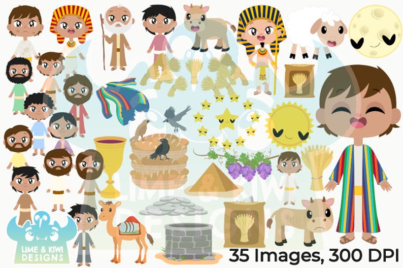 May include: A set of 35 colorful cartoon images depicting biblical stories. The images include people, animals, objects, and symbols related to the Bible. The images are in a cartoon style and are perfect for use in children's books, educational materials, or religious crafts.