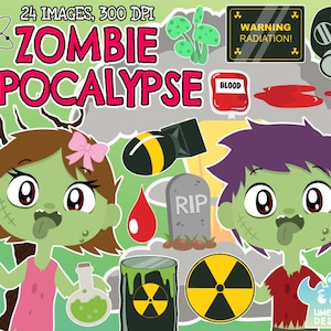 Zombie Apocalypse Clipart, Instant Download, Nuclear bomb, Slime, Atom, Mushroom, Fallout, Potion, Vial, Gas mask, Dead tree, Gravestone