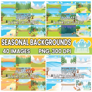 Pacote de clipart de fundos sazonais 1, preto e branco, selos digitais, fundos de primavera, verão, outono, inverno, campo, fluxo