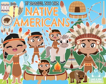 Op de afbeelding: Een set van 37 illustraties met een Native American thema met cartoonfiguren, dieren en objecten. De illustraties bevatten een indiaans meisje met een hoofdtooi, een jongen met een boog en pijl, een kano, een tipi, een bizon en een paard. De illustraties zijn in cartoon-stijl en perfect voor gebruik in educatief materiaal, knutselen of scrapbooking.