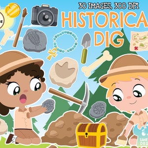 Historical Dig Clipart, Black and White, Digital Stamps, Bone, Fossil, Treasure, Coin, Dinosaur, Shovel, Map, Artefact Chest, Bracelet Skull