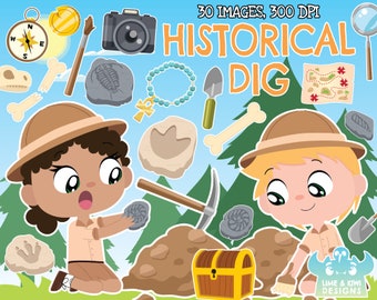 Historical Dig Clipart, Black and White, Digital Stamps, Bone, Fossil, Treasure, Coin, Dinosaur, Shovel, Map, Artefact Chest, Bracelet Skull
