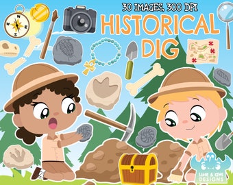 Historical Dig Clipart, Instant Download, Bone, Fossil, Treasure, Coin, Dinosaur, Shovel, Map, Artefact, Chest, Bracelet, Skull, Map, Camera