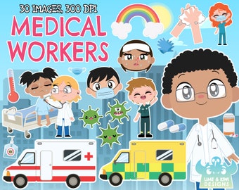 Medical Workers Clipart, Black and White, Digital Stamps, Instant Download, Ambulance, Stethoscope, Germs, Virus, Gloves, Medication, Medic