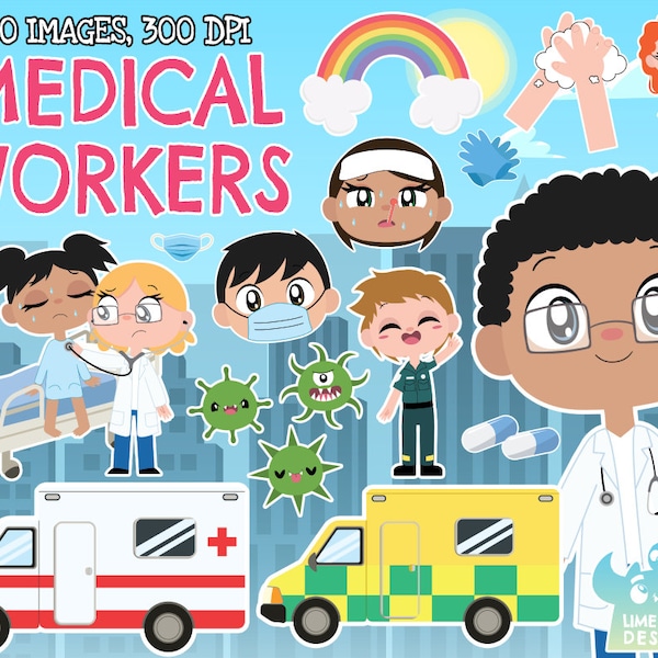 Doctors, Nurses, Paramedics, Medical Workers Clipart, Instant Download, Ambulance, Stethoscope, Germs, Virus, Gloves, Medication, Medic