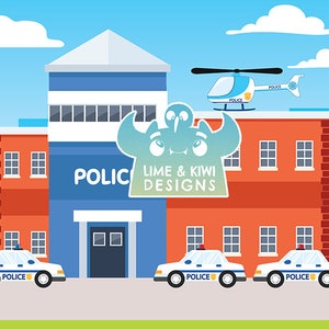 May include: A cartoon illustration of a police station with a helicopter on the roof, three police cars in front, and a logo that says "Lime & Kiwi Designs".