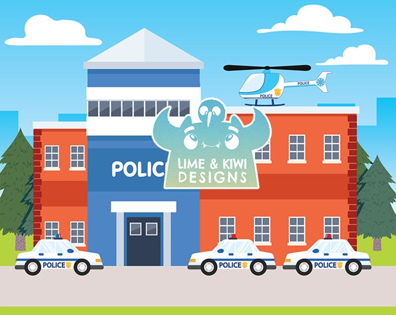 May include: A cartoon illustration of a police station with a helicopter on the roof, three police cars in front, and a logo that says "Lime & Kiwi Designs".