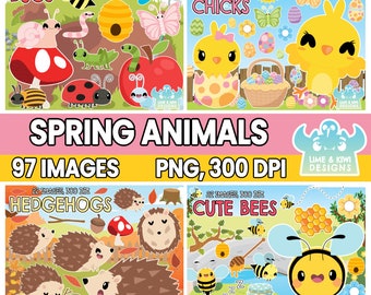 Spring Animals Clipart Bundle 1, Bugs, Insects, Frogs, Amphibians, Hedgehogs, Honey, Honeycomb, Cute Bees, Log, Lotus, Lilly pad, Mushroom
