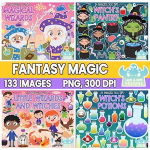 Fantasy Magic Clipart Bundle 1, Black and White, Digital Stamps, Little Wizards, Little Witches, Witches Potions, Magical Wizards, Magic
