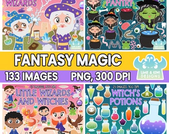 Fantasy Magie Clipart Bundle 1, schwarz weiß, digitale Stempel, kleine Zauberer, kleine Hexen, Hexentränke, Zauberzauberer, Zauberei