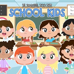 K&ouml;nnte beinhalten: Illustration von acht Comic-Kindern in einem Klassenzimmer. Die Kinder sitzen an Schreibtischen und sind mit verschiedenen Aktivit&auml;ten besch&auml;ftigt, wie z. B. Schreiben, Zuh&ouml;ren und H&auml;ndereichen. Das Klassenzimmer hat eine Tafel mit darauf geschriebenen Matheaufgaben. Der Text "31 IMAGES, 300 DPI SCHOOL KIDS" befindet sich oben im Bild.