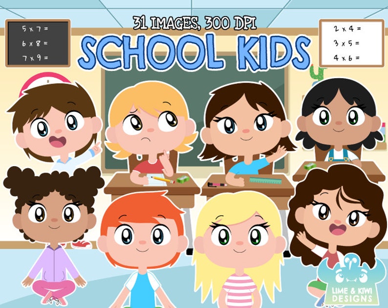 K&ouml;nnte beinhalten: Illustration von acht Comic-Kindern in einem Klassenzimmer. Die Kinder sitzen an Schreibtischen und sind mit verschiedenen Aktivit&auml;ten besch&auml;ftigt, wie z. B. Schreiben, Zuh&ouml;ren und H&auml;ndereichen. Das Klassenzimmer hat eine Tafel mit darauf geschriebenen Matheaufgaben. Der Text "31 IMAGES, 300 DPI SCHOOL KIDS" befindet sich oben im Bild.