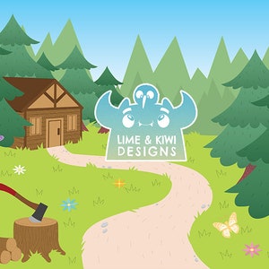 Puede incluir: Una ilustraci&oacute;n de dibujos animados de una caba&ntilde;a en el bosque con un camino que conduce a ella. Hay un hacha en un toc&oacute;n de &aacute;rbol y un logotipo azul y blanco que dice "Lime & Kiwi Designs".