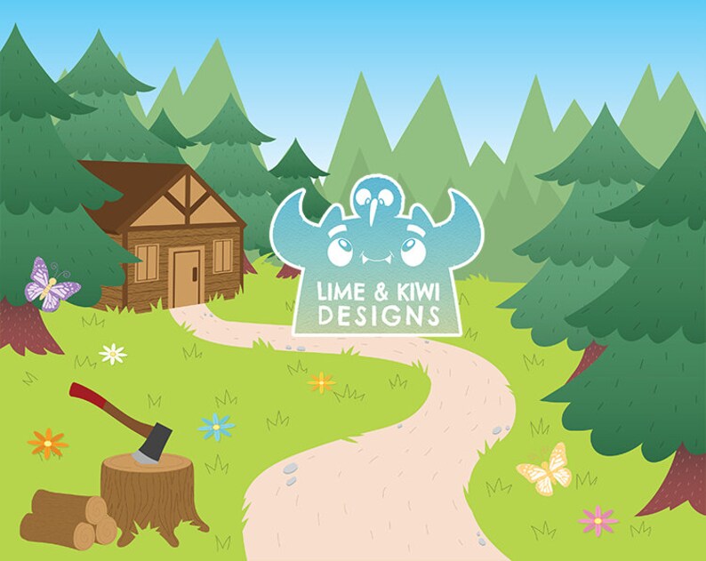 Puede incluir: Una ilustraci&oacute;n de dibujos animados de una caba&ntilde;a en el bosque con un camino que conduce a ella. Hay un hacha en un toc&oacute;n de &aacute;rbol y un logotipo azul y blanco que dice "Lime & Kiwi Designs".