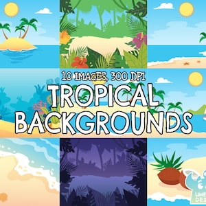 Clipart di sfondi tropicali, bianco e nero, timbri digitali, clip art commerciali, spiaggia, mare, onde, barca, yacht, noce di cocco, isola paradisiaca