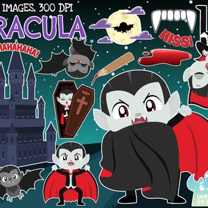 Dracula Clipart, Black and White, Digital Stamps, Halloween, Vampire, Undead, Blood, Coffin, Castle, Fangs, Bat, Moon, Wooden Stake, Vampire