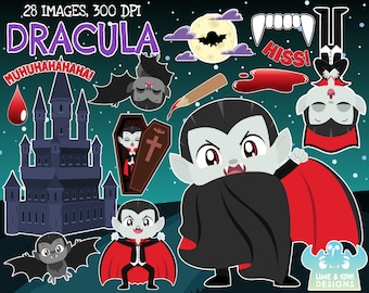 Dracula Clipart, Black and White, Digital Stamps, Halloween, Vampire, Undead, Blood, Coffin, Castle, Fangs, Bat, Moon, Wooden Stake, Vampire