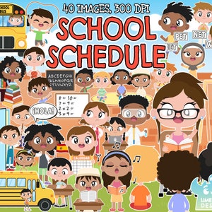 K&ouml;nnte beinhalten: Ein Satz von 40 bunten Cartoon-Bildern von Kindern in verschiedenen Schulumgebungen. Die Bilder beinhalten einen Schulbus, ein Klassenzimmer, einen Spielplatz und eine Lehrerin, die ein Buch liest. Die Bilder sind perfekt f&uuml;r die Erstellung von Lehrmaterialien oder f&uuml;r den Einsatz im Klassenzimmer.