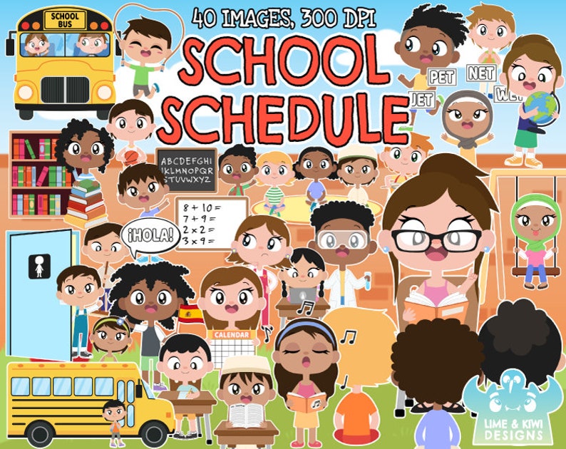 K&ouml;nnte beinhalten: Ein Satz von 40 bunten Cartoon-Bildern von Kindern in verschiedenen Schulumgebungen. Die Bilder beinhalten einen Schulbus, ein Klassenzimmer, einen Spielplatz und eine Lehrerin, die ein Buch liest. Die Bilder sind perfekt f&uuml;r die Erstellung von Lehrmaterialien oder f&uuml;r den Einsatz im Klassenzimmer.