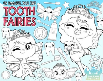 Tooth Fairies Digital Stamps Clipart, Instant Download, Tooth fairy, Tooth, Teeth, Toothbrush, Dental, Dentist, Cute Tooth, Money, Tiara