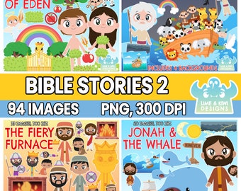 聖書物語クリップアート バンドル 2、白黒、デジタルスタンプ、ノアの箱舟、ヨナとクジラ、燃える炉、アダムとイブ、研究