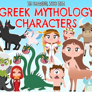 Könnte beinhalten: Ein Set mit 33 bunten Cartoon-Illustrationen von Figuren aus der griechischen Mythologie. Zu den Figuren gehören Cerberus, Medusa, Pegasus, ein Zentaur und viele mehr. Die Illustrationen sind in einem niedlichen, kindgerechten Stil gehalten.