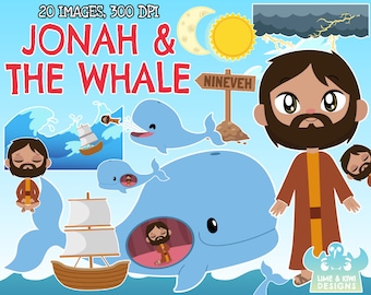 Jonah and the Whale Clipart, Black and White, Digital Stamps, Bible, Religious, Religion, Biblical, Jonah and the Big Fish, Book of Jonah