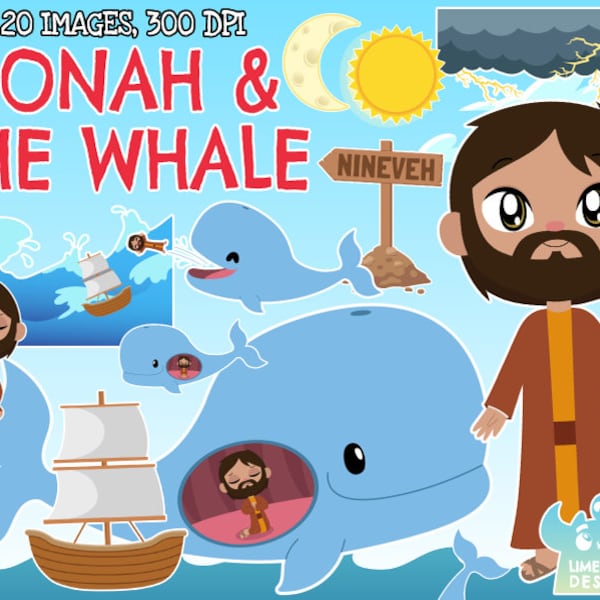 Jonah and the Whale Clipart, Black and White, Digital Stamps, Bible, Religious, Religion, Biblical, Jonah and the Big Fish, Book of Jonah