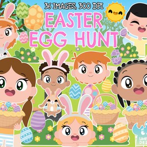 Easter Egg Hunt Clipart, Black and White, Digital Stamps, Spring Activity, Easter Activity, Spring Kids, Easter Kids, Bush, Flower, Rabbit