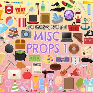 Puede incluir: Una colección de 100 imágenes de dibujos animados coloridos de varios accesorios, que incluyen una corona, un cofre del tesoro, un caldero, un sombrero de pirata, una cámara, un pincel, un micrófono, una guitarra, un libro, un diamante, una calavera, un hueso, una lámpara, una brújula, una llave, una botella, una paleta de pintura, una radiocassette, un nido, un conejo, un gorro de fiesta, una espada, un cuchillo, un par de tijeras, una rosa, una vela, una bolsa, una taza, una botella de agua, una pluma, un peine, una hogaza de pan, una jarra de cerveza, una llave inglesa, una lata de tomate, un cubo de palomitas de maíz, un sombrero de copa, una bolsa de harina, un cristal, una bola mágica, una cesta de la compra, un ancla, un portátil, un xilófono, una pala, una bomba, un clavo, un pico, una pierna de pollo, un cartel de se busca, un escudo, una boina, una guadaña, una cuerda, un algodón de azúcar, un arpa, una moneda de oro, un huevo, una lupa, un pincel, una estrella, un cangrejo y un logotipo de lima y kiwi. El texto "100 IMAGES, 300 DPI" y "MISC PROPS 10" también están incluidos en la imagen.