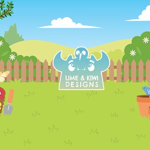 Puede incluir: Una ilustraci&oacute;n de dibujos animados de un monstruo verde con un degradado azul, sosteniendo un p&aacute;jaro kiwi. El monstruo tiene una sonrisa de dientes y el texto "Lime & Kiwi Designs" est&aacute; debajo. La ilustraci&oacute;n est&aacute; sobre un fondo de c&eacute;sped verde con una valla de madera, flores y mariposas.