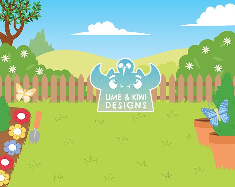 Puede incluir: Una ilustraci&oacute;n de dibujos animados de un monstruo verde con un degradado azul, sosteniendo un p&aacute;jaro kiwi. El monstruo tiene una sonrisa de dientes y el texto "Lime & Kiwi Designs" est&aacute; debajo. La ilustraci&oacute;n est&aacute; sobre un fondo de c&eacute;sped verde con una valla de madera, flores y mariposas.