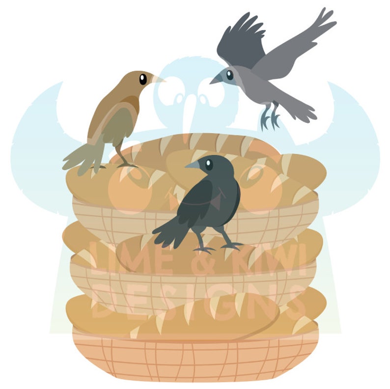 May include: Three birds perched on a stack of bread loaves in a wicker basket. Two of the birds are black and one is brown. The birds are looking at each other.