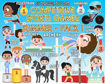 Competitive Sports Games - Summer Pack 1 Clipart, Instant Download, High jump, Long jump, table tennis, Olympic sports, Olympic games, gold