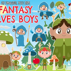 May include: A set of 29 digital illustrations featuring fantasy elf boys. The illustrations include elves with different colored hair, clothing, and accessories. The illustrations are in a cartoon style and are perfect for use in digital scrapbooking, card making, and other creative projects.