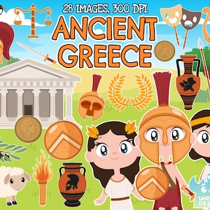 Peut inclure: Un ensemble de 28 illustrations colorées d'objets et de personnages de la Grèce antique. Les illustrations comprennent un temple, une lyre, un bouclier, une épée, un casque, une couronne, un vase, une torche, un mouton et trois personnages de dessin animé. Le texte "ANCIENT GREECE" est au centre de l'image.