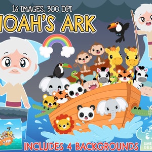 K&ouml;nnte beinhalten: Eine farbenfrohe Illustration von Noahs Arche mit Tieren, einem Regenbogen und Noah, der einen Stab h&auml;lt. Der Text "Noah's Ark" ist in gro&szlig;en, gelben Buchstaben geschrieben. Der Text "16 Images, 300 DPI" befindet sich in der oberen linken Ecke. Der Text "Includes 4 Backgrounds" befindet sich in der unteren rechten Ecke.
