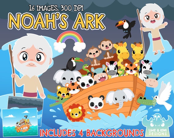 Noah's Ark Clipart, Black and White, Digital Stamps, Commercial Clip Art, Bible Stories, Christian Ark Animals Religious Animals Great Flood