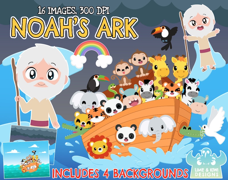 K&ouml;nnte beinhalten: Eine farbenfrohe Illustration von Noahs Arche mit Tieren, einem Regenbogen und Noah, der einen Stab h&auml;lt. Der Text "Noah's Ark" ist in gro&szlig;en, gelben Buchstaben geschrieben. Der Text "16 Images, 300 DPI" befindet sich in der oberen linken Ecke. Der Text "Includes 4 Backgrounds" befindet sich in der unteren rechten Ecke.
