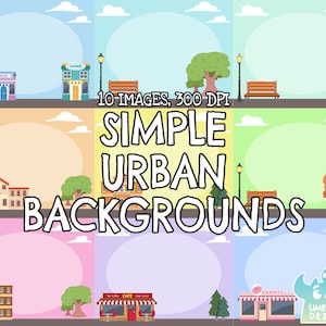 May include: Ten simple urban background illustrations with different scenes, including a school, a cafe, a donut shop, and a local store. Each illustration features a light blue, light green, light yellow, light pink, or light purple background with a white cloud and a white oval shape in the center.