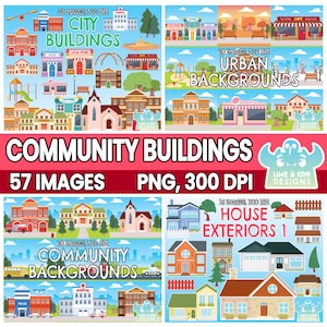 Community Buildings Clipart Bundle 1, Schwarzweiß, Digitale Stempel, Urban, Community, Hausaußenansichten, Stadt, Stadtgebäude, Stadtleben