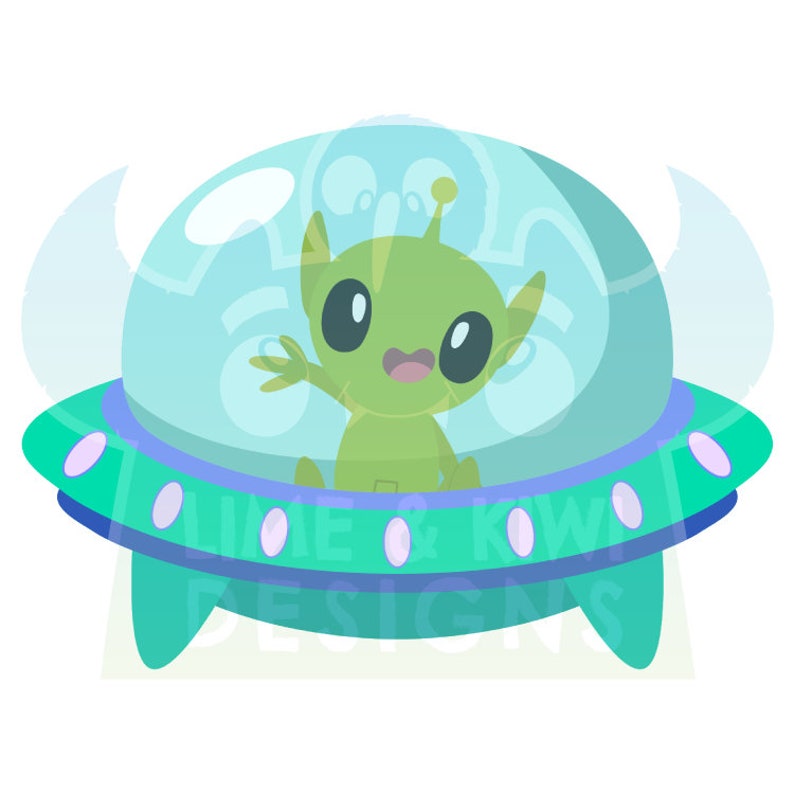Puede incluir: Un extraterrestre verde con ojos grandes y una gran sonrisa est&aacute; sentado en un platillo volante. El platillo es verde y azul con una c&uacute;pula transparente.