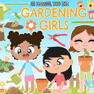 Gardening Girls Clipart, Black and White, Digital Stamps, Garden, Flowers, Grass, Rake, Wheelbarrow, Seeds, Boots, Plants, Pot plant, Soil
