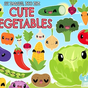 Cute Vegetables Clipart, Instant Download, Produce, Broccoli, Cabbage, Corn, Carrot, Potato, Tomato, Lettuce, Beetroot, Eggplant, Chilli