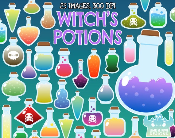 Witch's Potions Clipart, Black and White, Digital Stamps, Commercial Clip Art, Magic, Witches, Witches brew, Wizard, Halloween, Sorceress