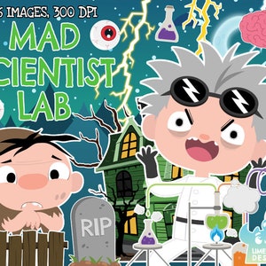 Mad Scientist Lab Clipart, Black and White, Digital Stamps, Igor, Halloween, Haunted House, Lightning, Gravestone, Eyeball Chemistry Science