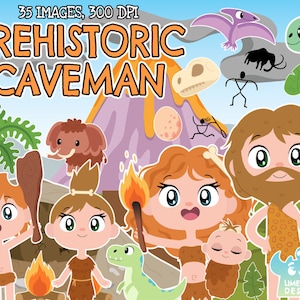 Prehistoric Caveman Clipart, Black and White, Digital Stamps, Dinosaur, Mammoth, Volcano, Sabre toothed tiger, Cave, Ice age, Fire, Dinosaur